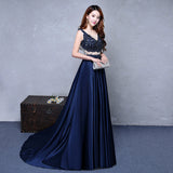 Solvbao Navy Blue Satin with Lace Beaded Long Junior Prom Dress, Blue Satin Party Dresses