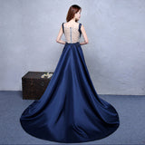 Solvbao Navy Blue Satin with Lace Beaded Long Junior Prom Dress, Blue Satin Party Dresses