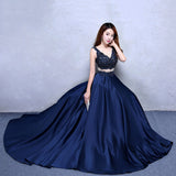 Solvbao Navy Blue Satin with Lace Beaded Long Junior Prom Dress, Blue Satin Party Dresses