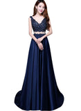 Solvbao Navy Blue Satin with Lace Beaded Long Junior Prom Dress, Blue Satin Party Dresses