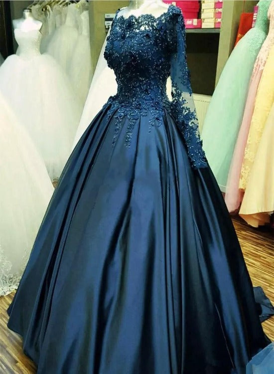 Solvbao Navy Blue Satin with Lace Top Long Sleeves Sweet 16 Gown, Blue Formal Dresses