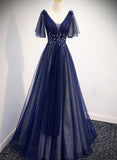 Solvbao Navy Blue V-neckline Long Tulle Party Dress with Sleeves, Blue Bridesmaid Dresses Party Dress