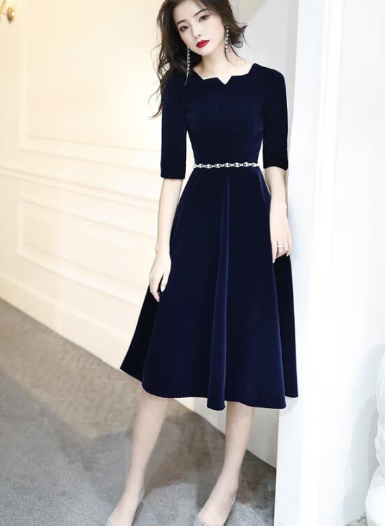 Solvbao Navy Blue Velvet Knee Length Simple Bridesmaid Dresses, Short Blue Velvet Prom Dresses with Beadings