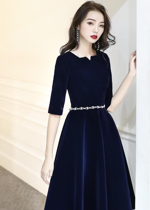 Solvbao Navy Blue Velvet Knee Length Simple Bridesmaid Dresses, Short Blue Velvet Prom Dresses with Beadings