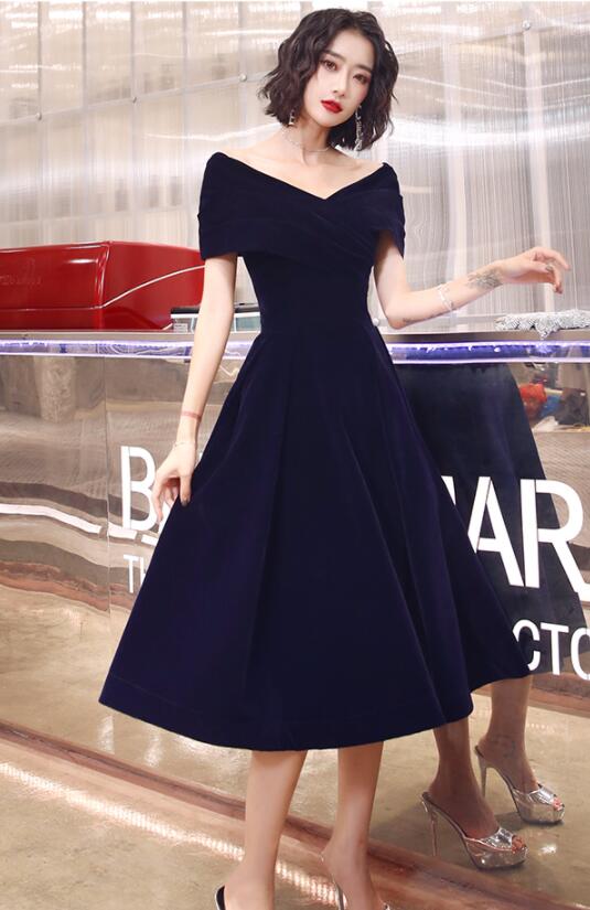 Solvbao Navy Blue Velvet Tea Length V-neckline Party Dress, Navy Blue Bridesmaid Dress Party Dress