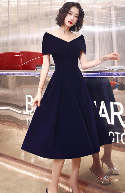Solvbao Navy Blue Velvet Tea Length V-neckline Party Dress, Navy Blue Bridesmaid Dress Party Dress