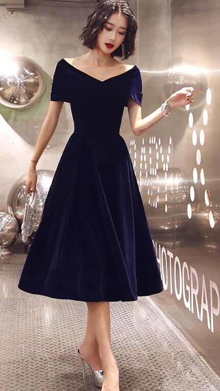 Solvbao Navy Blue Velvet Tea Length V-neckline Party Dress, Navy Blue Bridesmaid Dress Party Dress