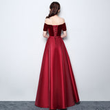 Solvbao Wine Red Satin with Velvet Prom Dress, Off Shoulder A-line Formal Dress Evening Dress