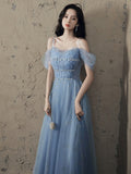 solvbao Blue Tulle A-line Party Dress with Beadings, Blue Long Prom Dress