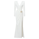 SOLVBAO Fashion White Long Sleeve Dress Pleated V-neck Cross Metal Flower Split Maxi Dress Activity Party Evening Dress