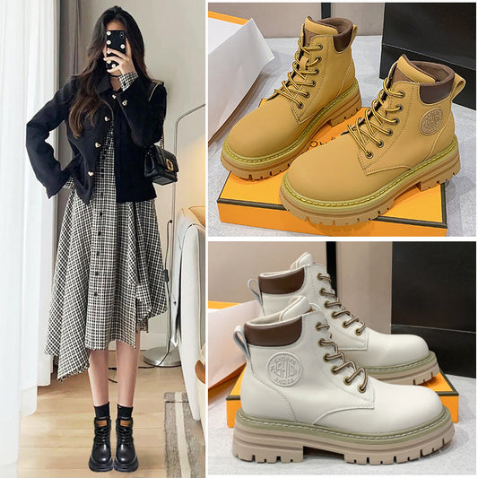 [Gao Ding Silk Cowhide]  New Hight Increasing Martin Boots Women's Ankle Boots with Thick Sole Worker Boots