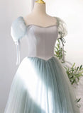 Solvbao Light Green Tulle and Satin Beaded Long Prom Dress, A-line Tulle Formal Dress