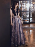 Solvbao A-line Tulle and Velvet Long Party Dress, Long Evening Dress with Lace