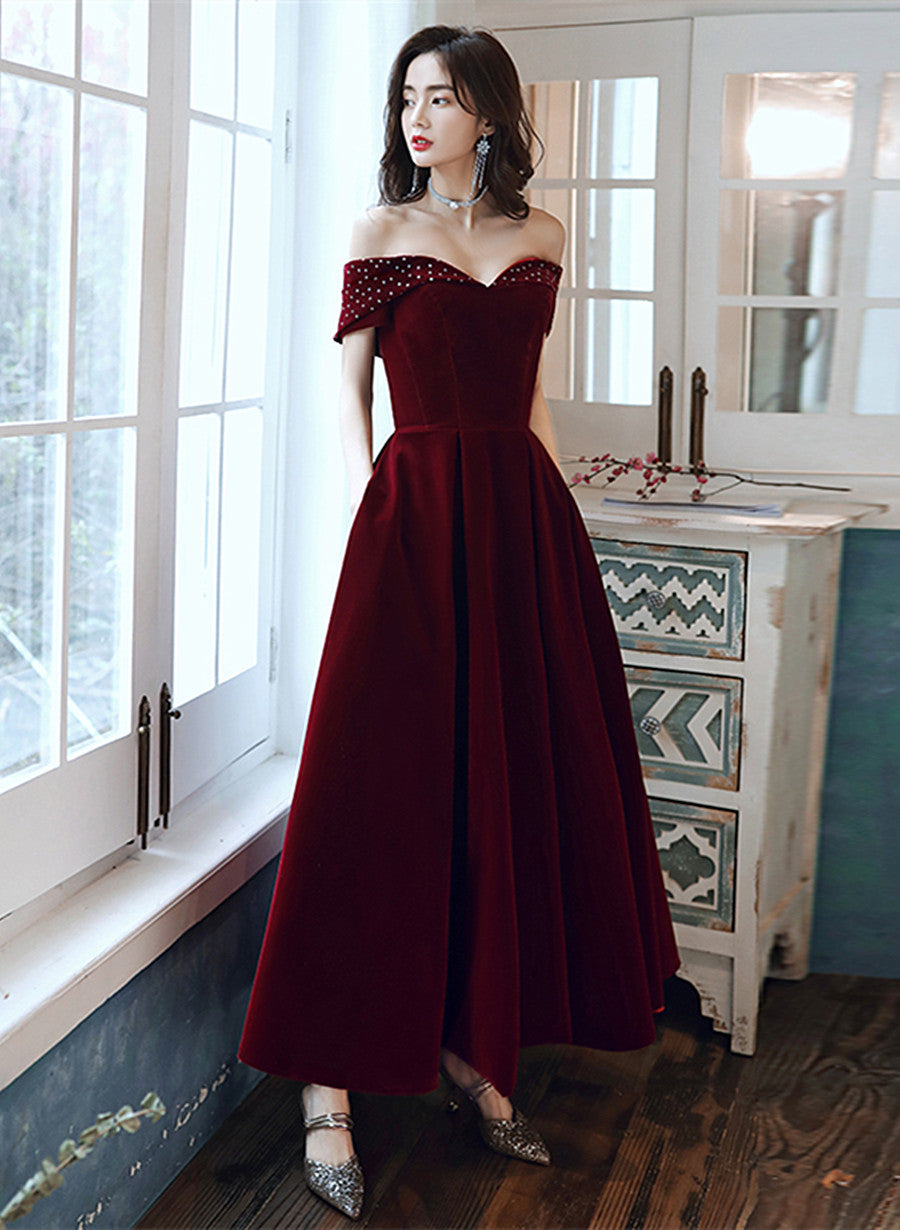 Solvbao Burgundy Velvet Off Shoulder Long Wedding Party Dress, Burgundy Prom Dress