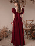 Solvbao Wine Red Short Sleeves Velvet Long Party Dress, A-line Wine Red Formal Dress