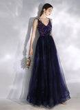 Solvbao Navy Blue V-neckline Sequins and Tulle Party Dress, A-line Blue Prom Dress