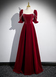 Solvbao Wine Red Velvet Beaded Short Sleeves Prom Dress, Wine Red Evening Dress