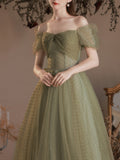 Solvbao A-line Green Off Shoulder Tulle Long Party Dress, Green Simple Floor Length Prom Dress