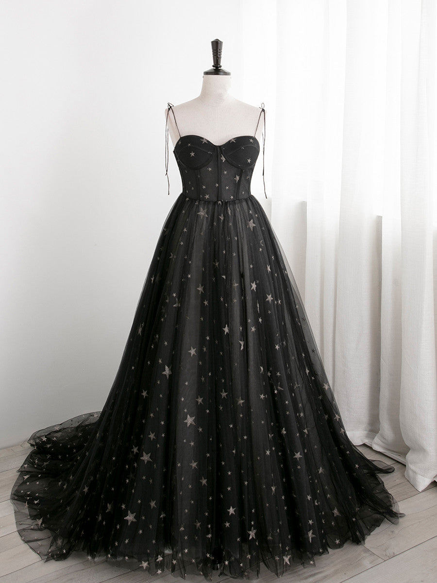 Solvbao Black Sweetheart Tulle Straps Long Evening Dress, Black Formal Dress Party Dresses