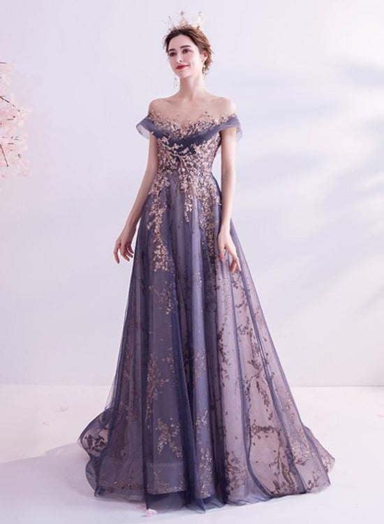 Solvbao Beautiful Purple Lace and Tulle Long Evening Dress Prom Dress, A-line Tulle Formal Dress