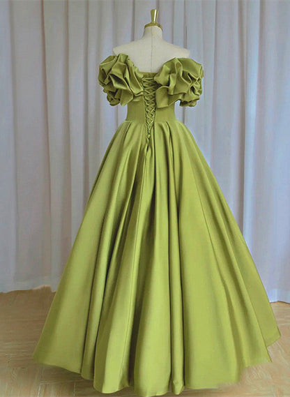 Solvbao Green Satin Long Off Shoulder Lace-up Party Dress, Green Formal Dress