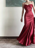 solvbao Burgundy Satin Sweetheart Straps Prom Dress, Burgundy Long Evening Dress