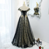 solvbao Beautiful Black Off Shoulder A-line Party Dress with Gold Lace, Black Evening Dresses Prom Dress