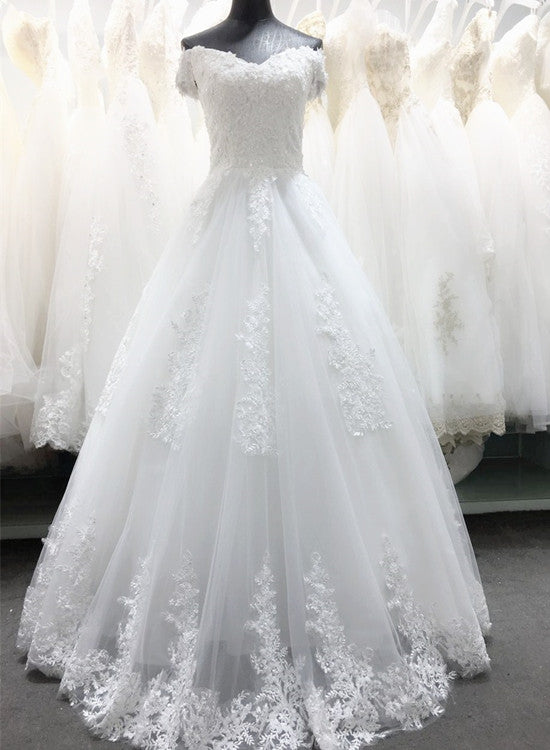 solvbao Simple White Tulle with Beautiful Lace Applique Wedding Gown, Off Shoulder New Wedding Dresses