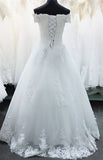 solvbao Simple White Tulle with Beautiful Lace Applique Wedding Gown, Off Shoulder New Wedding Dresses