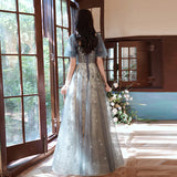 solvbao Elegant A-line  Grey Tulle Short Sleeves Long Party Dress, Grey Evening Dress