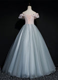 Solvbao A-line Tulle with Lace Applique Off Shoulder Long Party Dress, Sweet 16 Formal Dress