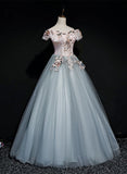 Solvbao A-line Tulle with Lace Applique Off Shoulder Long Party Dress, Sweet 16 Formal Dress