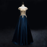 Solvbao Beautiful Satin with Gold Lace Applique Long Party Dress, New Prom Dress