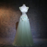 solvbao Beautiful Light Green V-neckline Tulle Party Gown, A-line Tulle Prom Dress