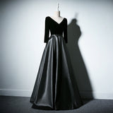 Solvbao Black Satin And Velvet Long Sleeves Party Dress, Black Wedding Party Dresses