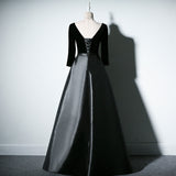 Solvbao Black Satin And Velvet Long Sleeves Party Dress, Black Wedding Party Dresses