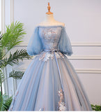 Solvbao Blue Tulle Floral Off Shoulder Princess Formal Dress, Blue Sweet 16 Dress, Prom Dress