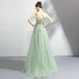 solvbao Light Green Lace Flowers V-neckline Straps Long Tulle Prom Dress, A-line Evening Dress Party Dress