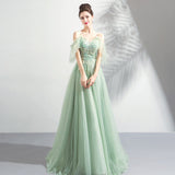 solvbao Light Green Lace Flowers V-neckline Straps Long Tulle Prom Dress, A-line Evening Dress Party Dress