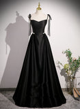 solvbao Black Satin A-line Floor Length Prom Dress, Black Satin Long Evening Dress