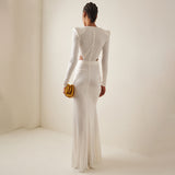 SOLVBAO Fashion White Long Sleeve Dress Pleated V-neck Cross Metal Flower Split Maxi Dress Activity Party Evening Dress