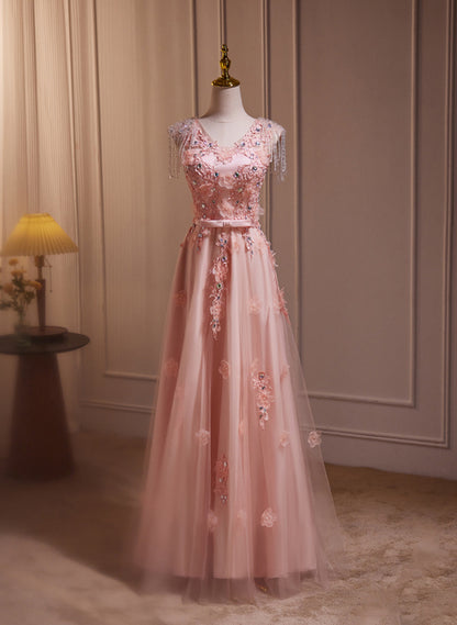 Solvbao Pink V-neckline Tulle with Lace Applique Prom Dress, Pink Tulle Evening Dress