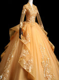 solvbao Gold Tulle Long Sleeves Lace Applique Formal Dress, Ball Gown Sweet 16 Dress