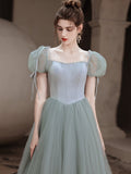 Solvbao Cute Green Tulle Beaded A-line New Prom Dress, Short Sleeves Tulle Formal Dress