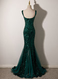 solvbao Dark Green Mermaid Tulle with Sequins Straps Party Dress, Mermaid Long Formal Dress