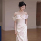 SOLVBAO off-Shoulder Light Wedding Dress Elegant Ladies Banquet Satin Simple Evening Dress Bridal Wedding Wedding Veil Dress