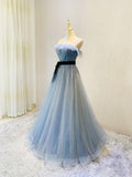 Solvbao Beautiful Blue Tulle Shiny Long Party Dress with Belt, A-line Blue Formal Dresses