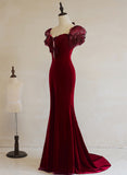 Solvbao Wine Red Mermaid Long Party Dress with Bow, Wine Red Evening Dress Prom Dress