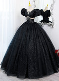 solvbao Black Tulle Beaded Short Sleeves Prom Dress, Black Tulle Formal Dress