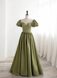 Solvbao Green Satin Round Neckline A-line Floor Length Prom Dress, Green Short Sleeves Formal Dress